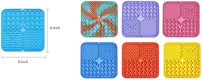 2 Pack Anti-Slip Licking Mat, Pet Food Mat Waterproof Puppy Feeding Mat, Slow Feeder Dog/Cat Bowl, Cat Licking Mat to Relieve Anxiety with Raised Edges (Blue+Green)（6"×6"）