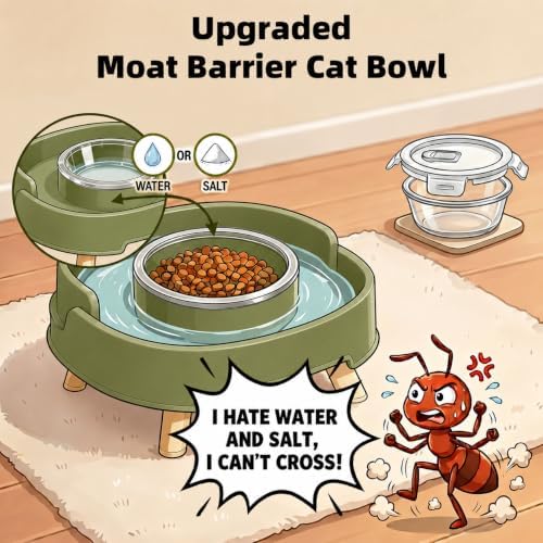 2 Pack Ant Not Cross Elevated Cat Bowls - 4 Food Grade Glass Bowls & 2 Lids - Cat Food and Water Feeding Bowl for Cats&Kittens&Puppy Indoor & Outdoor,Whisker Fatigue Dish,Avocado Green - Image 2
