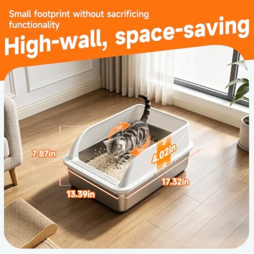 Stainless Steel High-Sided Cat Litter Box with Scoop - Medium - Image 2