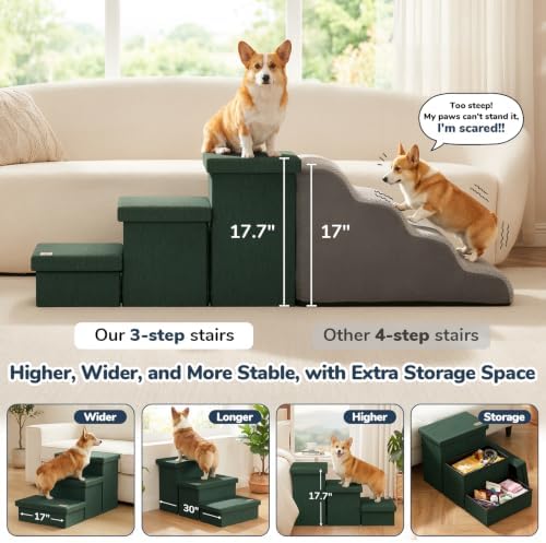 3-Step Wide Dog Stairs with Hidden Storage 18" H, Non-Slip Dog Steps for High Bed Couch Window Car, Jiont-Friendly Pet Stairs Ramp for Small/Medium/Large Old Dogs Cats Up to 200lbs, Dark Green - Image 3