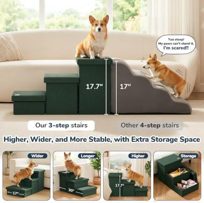 3-Step Wide Dog Stairs with Hidden Storage 18" H, Non-Slip Dog Steps for High Bed Couch Window Car, Jiont-Friendly Pet Stairs Ramp for Small/Medium/Large Old Dogs Cats Up to 200lbs, Dark Green - Image 3