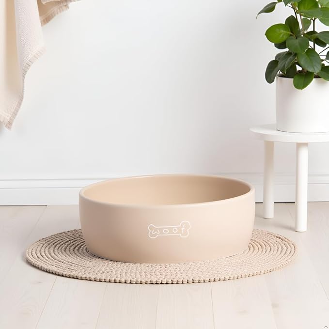 Pearhead Ceramic Dog Bowl – Neutral Taupe “Woof” Design, Holds 2.5 Cups, Non-Skid Stoneware Pet Feeding Dish, 20 oz, Medium