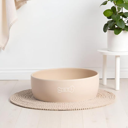 Pearhead Ceramic Dog Bowl – Neutral Taupe “Woof” Design, Holds 2.5 Cups, Non-Skid Stoneware Pet Feeding Dish, 20 oz, Medium