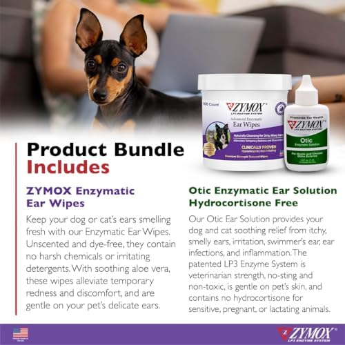 PET KING BRANDS ZYMOX Enzymatic Ear Wipes & Otic Solution Hydrocortisone Free for Dogs & Cats - Product Bundle - For Dirty, Waxy, Smelly Ears & to Soothe Infections, 100 Count Wipes & 1.25oz bottle - Image 2