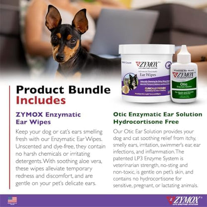 PET KING BRANDS ZYMOX Enzymatic Ear Wipes & Otic Solution Hydrocortisone Free for Dogs & Cats - Product Bundle - For Dirty, Waxy, Smelly Ears & to Soothe Infections, 100 Count Wipes & 1.25oz bottle - Image 2
