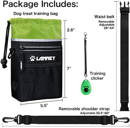 Dog Treat Pouch Pet Training Bag for Small to Large Dogs, Treat Tote Carry Kibble Snacks Toys for Training Reward Walking, Metal Clip, Waist belt, Shoulder Strap, Poop Bag Dispenser, Black with Green - Image 6