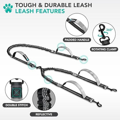 PetAmi Hands Free Double Dog Leash with Padded Lumbar Waist Belt, 360 No-Tangle Swivel Coupler, Bungee Shock Absorbing Dual Leash for Two Dogs Medium Large, Reflective, Black - Image 3
