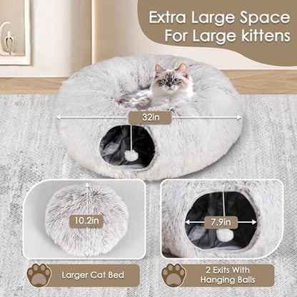 Peekaboo Cat Cave with Washable Mat, Collapsible Cat Play Tunnel for Kittens & Small Pets, Plush Cat Donut Bed Tunnel, Brown - Image 3