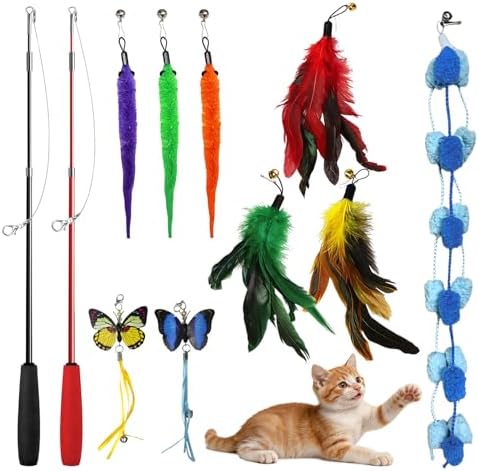Cat Toys Interactive Feather Teaser Wand Set, 11 Pack Retractable Cat Fishing Pole Toy with Assorted Replaceable Attachments & Bells, Fun Hunting Exercise Toys by KrauzPet