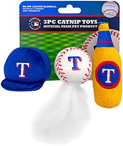 BEST PLUSH CAT TOY: MLB TEXAS RANGERS Complete Set of 3 piece Cat Toys filled with Fresh Catnip. Includes: 1 Baseball Cap Cat Toy, 1 Baseball Cat Toy with Feathers & 1 Beer Bottle. Beautiful Team LOGO by PETSFIRST
