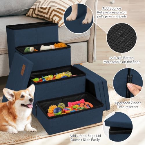 Zerbuger Dog Stairs with Storage, Navy Blue 4 Steps Dog Ramp no Condo - Image 4
