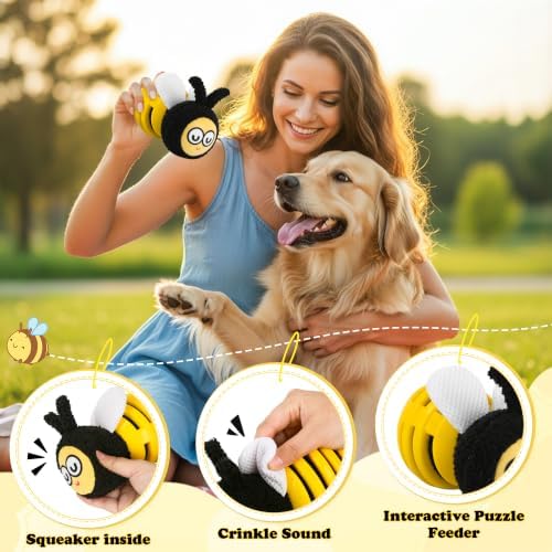 4 Pack Dog Squeaky Toys, Bee Interactive Toys Set, Natural Rope Tug Toy, Crinkle Flying Disc, Tennis Ball ，Puzzle Feeder, Safe Durable Dog Toys for Small Medium Dogs Indoor Outdoor Play - Image 3