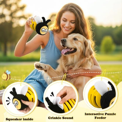 4 Pack Dog Squeaky Toys, Bee Interactive Toys Set, Natural Rope Tug Toy, Crinkle Flying Disc, Tennis Ball ，Puzzle Feeder, Safe Durable Dog Toys for Small Medium Dogs Indoor Outdoor Play - Image 3