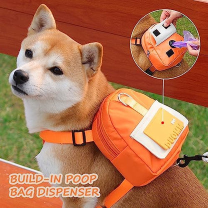 Dog Backpack Harness with Leash,Cute Pet Puppy Backpacks Bulid-in Dog Poop Bag Dispenser,Adjustable Pets Self Carrier Bag for Small Medium Dogs Travel Hiking Daily Walking(S, Orange) - Image 4