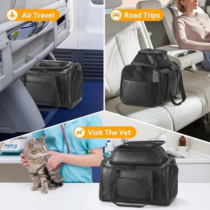 Premium Leather Top Expandable Pet Carrier for Small Dogs & Cats Under 15 lbs, Airline Approved Collapsible Soft-Sided Luxury Travel Bag Black - Image 6