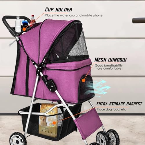 FDW 4 Wheels Pet Stroller Folding Dog Cat Jogger Stroller with Storage Basket &Cup Holder Portable Lightweight Travel Carrier, Purple - Image 5