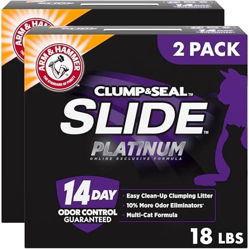 ARM & HAMMER Slide Platinum Easy Clean-Up Clumping Cat Litter, 24/7 Odor Control with Triple-Action Freshness, Non-Stick, Low Tracking & Multi-Cat Formula, Scented, 18 Lbs (Pack of 2) by ARMHAMMER