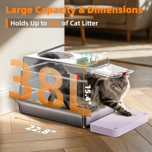 4-in-1 Stainless Steel Cat Litter Box with Flip Lid and High Sides, Lilac - Image 2