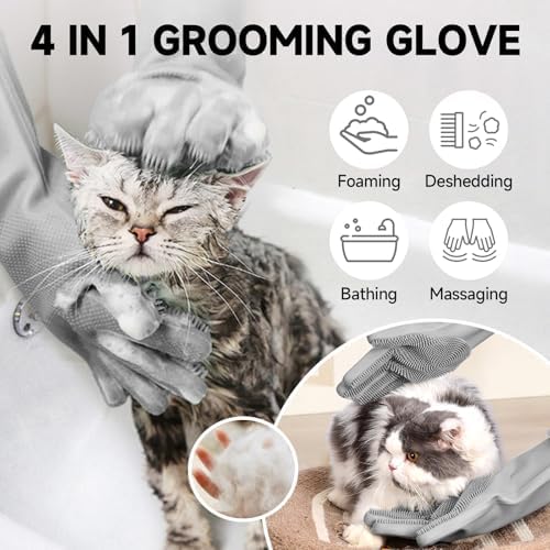 Dog Washing Gloves - Quick Drying Dog Towel,Cat Bath Grooming Gloves Brush with High-Density Teeth for Bathing Massaging，Absorbent Pet Bath Towel 30.3"x13.8" with Hand Pocket for Dog Cat Grey - Image 2