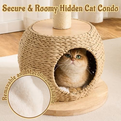 Modern Cat Tree for Indoor Small & Medium Cats, 30" H Solid Wood & Rattan Cat Tower with Handwoven Wicker Cat Bed & Cave, Ultra-Soft & Washable Cushions, Natural Sisal Scratching Posts - Image 6