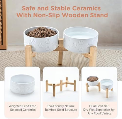 SPUNKYJUNKY Elevated Dog Bowls Ceramic, 6.1'' Dogs and Cat Food Water Bowls Raised with Non-Slip Bamboo Stand for Medium Sized Breed Microwave Dishwasher Safe - 28.7 OZ,Paw White - Image 6