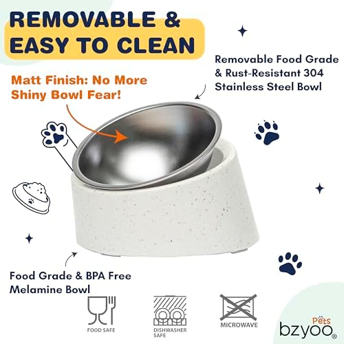 bzyoo 16oz Tilted Dog Bowl for Small Dogs & Cats, 15° Elevated Stainless Steel Pet Feeder, Ergonomic Anti-Vomiting Food Bowl for Frenchie, Pug, Persian Cat, Non-Skid Melamine Stand, Sprinkle (White) - Image 3