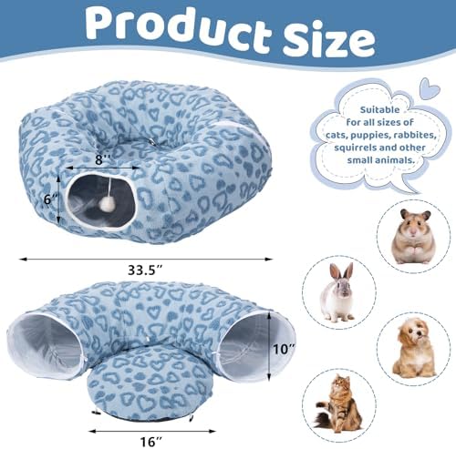 Cat Tunnel Bed, Cute Cat Tunnel Toy with Washable Cushion, Fits Indoor Cats up to 25 lbs, Cute Peekaboo Cave Pet Bed for Kittens, Rabbits, Blue Heart - Image 3