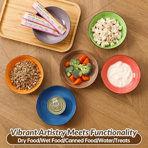 Colorful Ceramic Cat Bowls Set, 6 Pack Whisker-Friendly Cat Dishes for Food and Water, 5.7" Wide and Shallow Plates for Dry Wet Food, Ideal for Multi-Pet Homes, Microwave & Dishwasher Safe - Image 6