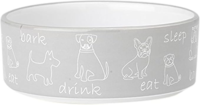PetRageous 11017 Playful Pet Eat Drink Bark Stoneware Dog Bowl 5-Inch Diameter and 2-Inch Tall Bowl with 2-Cup Capacity and Dishwasher and Microwave Safe for Small and Medium Dogs, Gray and White