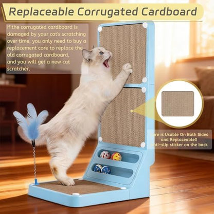 Cat Scratcher Cat Scratch Pad L Shape Wall Mounted Dual Use (Vert/Horiz) Kitten Bunifa Scratching Card Board Vertical Post with Ball Toys Feathers,Protecting Furniture Core is Replaceable Large Blue - Image 7