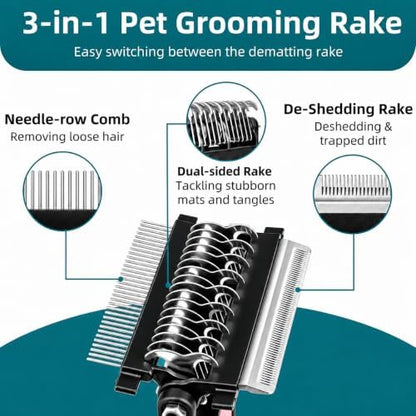 3-IN-1 Pet Grooming Tool - Undercoat Rake, Dematting Comb & Deshedding Brush for Cats, Dogs, Horses - Removes Mats, Tangles & Loose Fur, Reduces Shedding & Prevents Hair Mess (Blue) - Image 2
