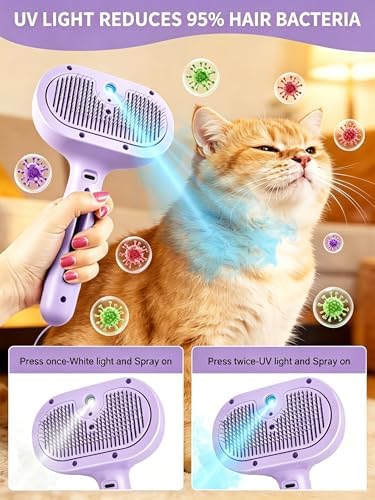 Dog Cat Steam Brush with UV Light,3 in 1 Release Button Self-Cleaning Grooming Brush for Pets Cats Dogs,Hair Massaging Shedding for Small Animals Long Short Haired - Purple - Image 2
