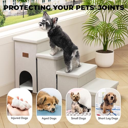 Zerbuger Dog Stairs with Storage, Beige 4 Steps Dog Ramp with Condo for Bed - Image 2