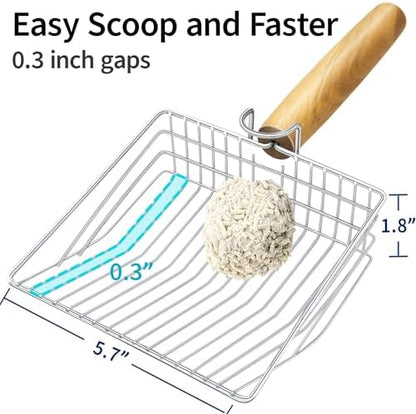 UFECODO Fast Sifting Cat Litter Scoop with Holder Stand, Stainless Steel Poop Scooper with Ergonomic Wood Handle, Heavy Duty and Easy Clean - Image 2