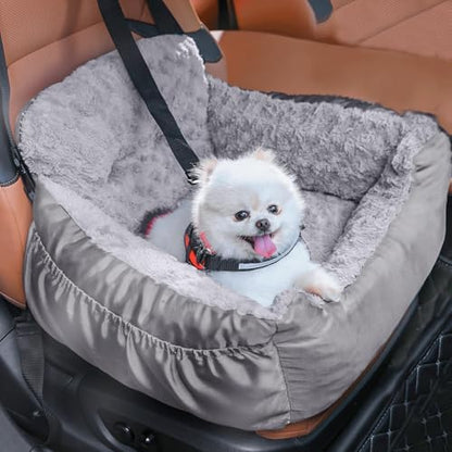 Oiilores Dog Car Seat for Small Dogs, Washable Pet Booster Seats with Clip-On Safety Leash, Comfy Deluxe Plush Carseat with Pockets, Puppy Car Travel Carrier Bed for Dogs Under 25 lbs, Light Grey by OiiloresComfyDoorMat
