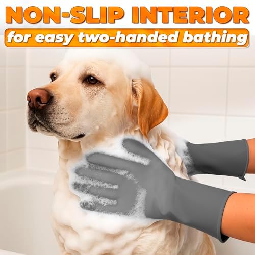 Cat and Dog Washing Gloves, 1 Pair, 11.6 in, Soft Silicone (Grey) - Image 6