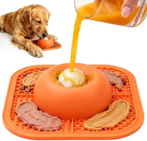 Slow Feeder Dog Bowls & Lick Mat for Liquid and Thick Treat, Anti-Slip Dog Lick Bowl with Interactive Rolling Ball, 5/6 Cup Pup Licking Toy for Large Medium Small Dogs and Cats-Large Orange by PetsHome