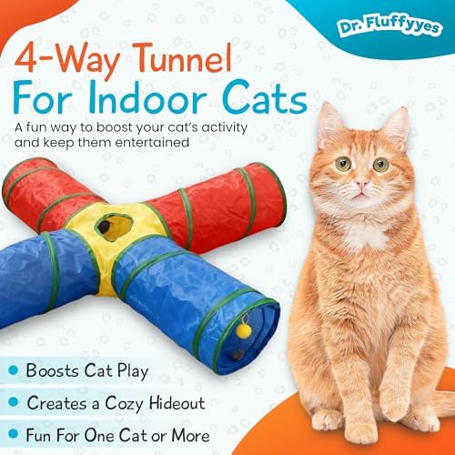 Cat Toys - 4-Way Tunnel for Indoor Cats with Peek Hole & 2 Mice - Large Foldable Rainbow Tube with Hanging Ball for Kittens, Rabbits, Small Dogs - Ideal Cat Toy - Image 2