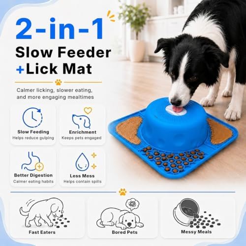 2-in-1 Slow Feeder Dog Bowl, Rolling Ball & Lick Mat, Large Blue - Image 2