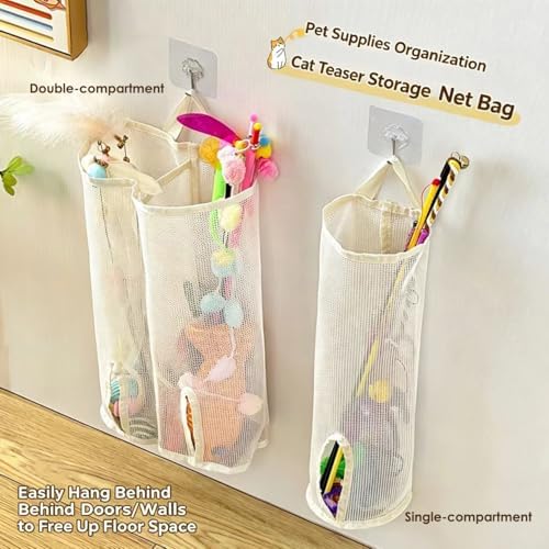 15.16" Cat Wand Toy Holder Organizer Storage Bag - Special Bottom Opening Design, Pet Kitten Stick Doy Toy Mesh Pockets for Cat Feather Teaser Toys Wall Hanging Basket Box Bin (Beige, Double) - Image 6