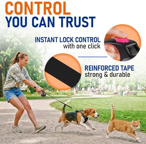 20.1 ft Retractable Dog Leash for Dogs 10–100 lbs - Heavy Duty Tape Leash with Strong Nylon Tape - 360° Swivel Control - One-Click Brake & Lock - Ergonomic Non-Slip Grip for Safe & Easy Daily Walks PK - Image 5
