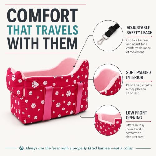 Center Console Dog Car Seat for Small Dogs Under 15 lbs - Detachable Washable Carrier with Safety Belt & Storage Pockets, Pink - Image 5
