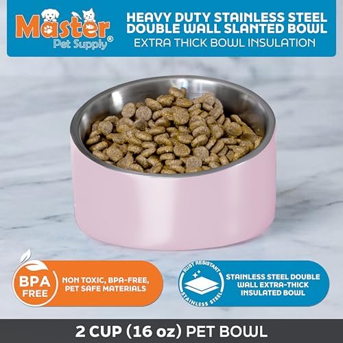 Master Pet Supply Stainless Steel Slanted Dog Cat Food Bowl 16 oz Rose - Image 3