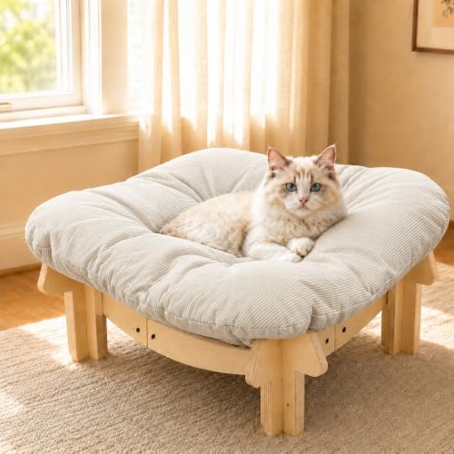Elevated Cat Bed, Wooden Pet Sofa with Washable Cushion (Square / Beige) by Xhdrklnk