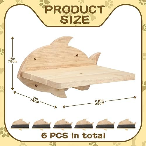 Lenwen 6 Set Cat Wall Shelves, Wood Cat Climbing Step, Wall Mounted,Fish - Image 2