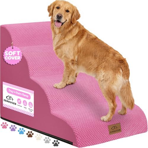Zerbuger Dog Ramp and Stairs for Bed, Pink 4 Steps 20" H, Nonslip Cover by Zerbuger