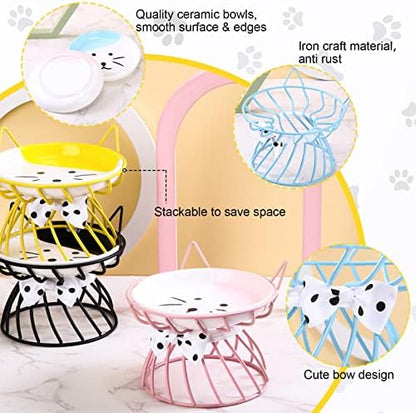 Sunnyray Cat Feeder, 4 Pcs Elevated Ceramic Cat Bowls with Metal Stand, Whisker Friendly, Anti Vomit, Dishwasher Safe, for Dog Pet (Multicolor) - Image 3