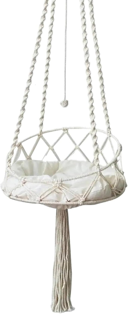 Macrame Cat Hammock with Tassel & Roped Ball, Boho Tilted Swing Bed for Indoor Cats/16x51 Inch