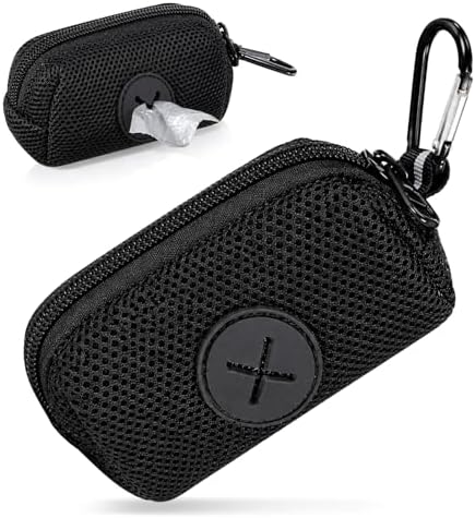 Black Dog Poop Bag Holder for Leash, Soft Fabric Zipper Doggy Waste Dispenser with Large Opening, Slim Pet Poop Carrier with Metal Carabiner Clip for Retractable Leash Walking Accessories (Black) by Vin+Beauty