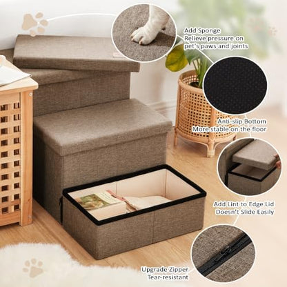 Love's cabin Dog Stairs for High Bed, Foldable Pet Stairs for Small Medium or Large Dogs Puppy with Storage for Bed or Couch, Cat Dog Steps Ramp with Zip up to 200 lbs, Light Brown, 3 Steps - Image 4